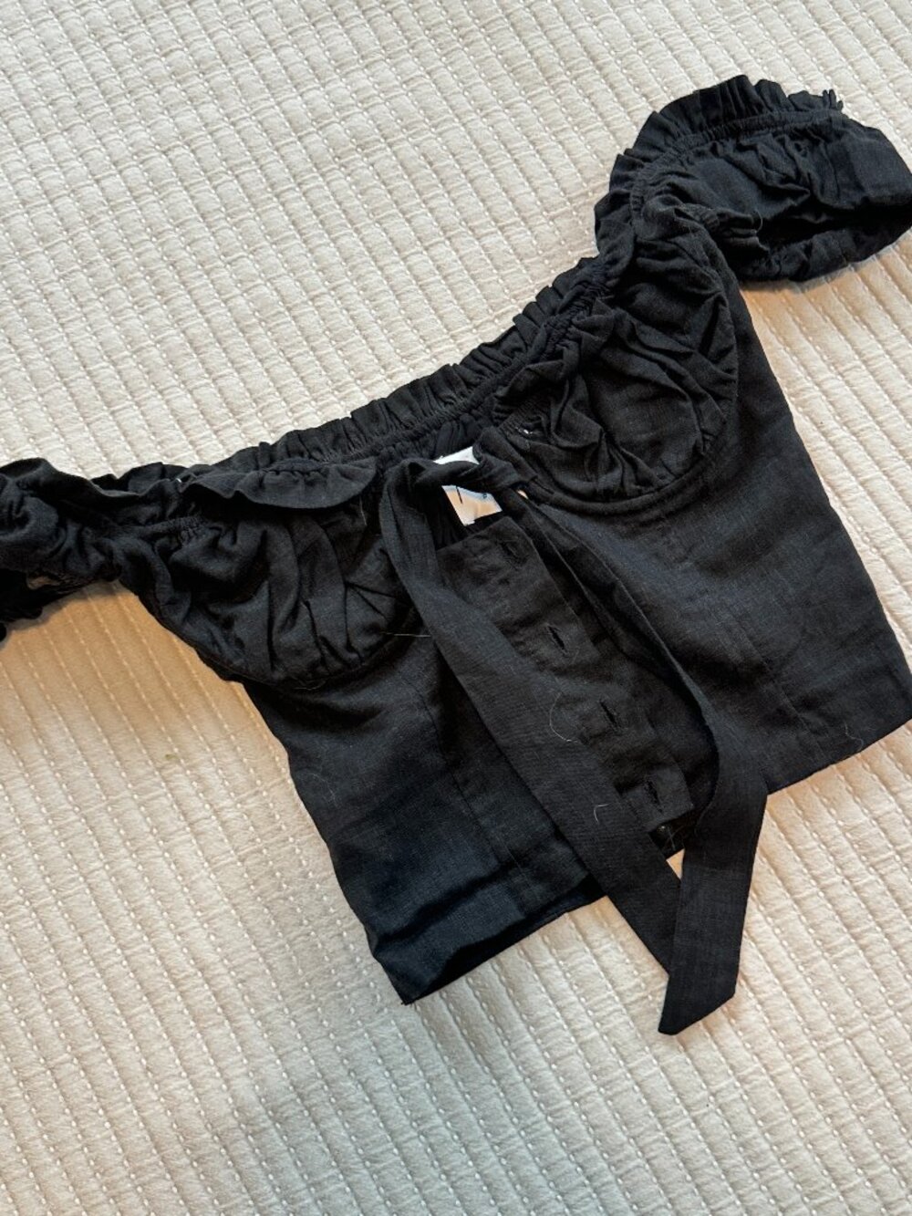 Black Peasant Button Up Crop Top Tie Front